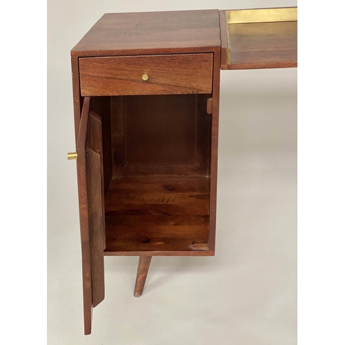 351 - DESK, 1970's Danish style teak with 3/4 brass galleried writing surface, drawer and cupboard, 115cm ... 