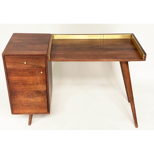 351 - DESK, 1970's Danish style teak with 3/4 brass galleried writing surface, drawer and cupboard, 115cm ... 