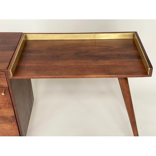 351 - DESK, 1970's Danish style teak with 3/4 brass galleried writing surface, drawer and cupboard, 115cm ... 