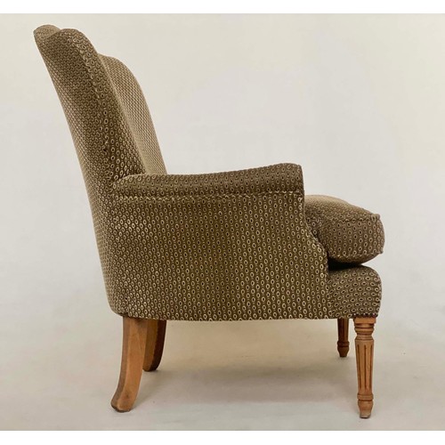 164 - ARMCHAIR, walnut frame with soft woven upholstery feather fitted cushion and fluted supports, 65cm W... 