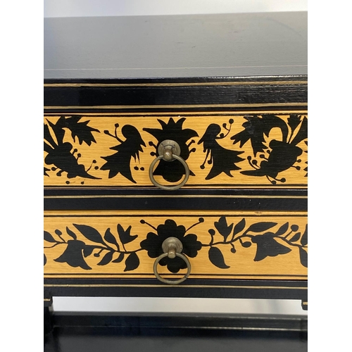 142 - SIDE TABLES, a pair, Regency style satinwood black lacquered and line painted each with two drawers,... 