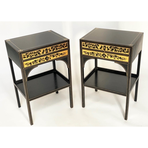 142 - SIDE TABLES, a pair, Regency style satinwood black lacquered and line painted each with two drawers,... 