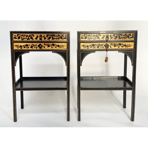 142 - SIDE TABLES, a pair, Regency style satinwood black lacquered and line painted each with two drawers,... 