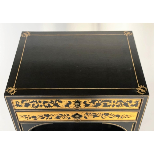 142 - SIDE TABLES, a pair, Regency style satinwood black lacquered and line painted each with two drawers,... 