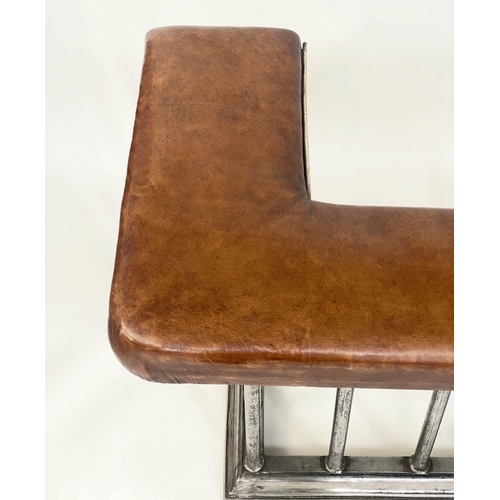 151 - CLUB FENDER, early 20th century Edwardian antique tan brown leather hide continuous seat raised upon... 