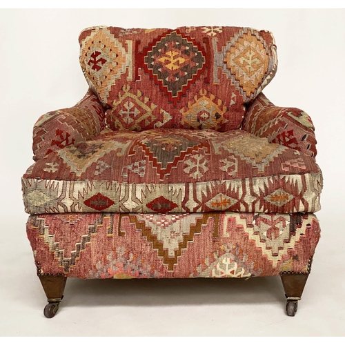 157 - KILIM ARMCHAIR, early 20th century in the manner of Howard Sons with antique kilim upholstery and sq... 