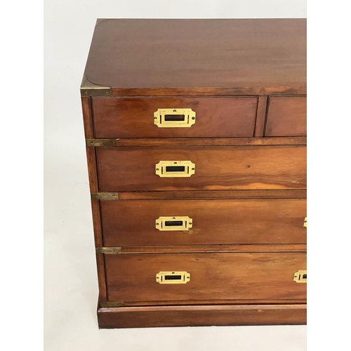 175 - CAMPAIGN LOW CHEST, yewwood and brass bound with nine drawers, 150cm x 73cm H x 43cm.