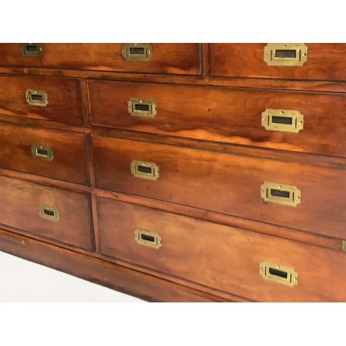 175 - CAMPAIGN LOW CHEST, yewwood and brass bound with nine drawers, 150cm x 73cm H x 43cm.