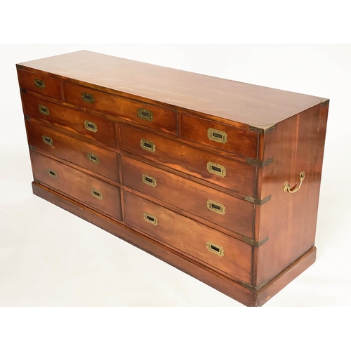 175 - CAMPAIGN LOW CHEST, yewwood and brass bound with nine drawers, 150cm x 73cm H x 43cm.