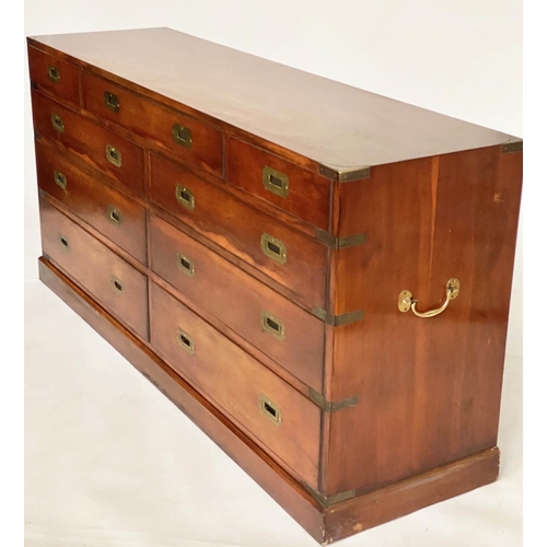 175 - CAMPAIGN LOW CHEST, yewwood and brass bound with nine drawers, 150cm x 73cm H x 43cm.