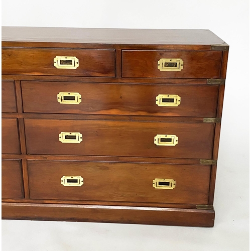 175 - CAMPAIGN LOW CHEST, yewwood and brass bound with nine drawers, 150cm x 73cm H x 43cm.