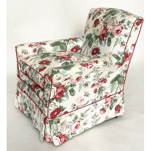 219 - ARMCHAIR, early 20th century Howard style with Colefax & Fowler summer rose chintz loose covers, 75c... 