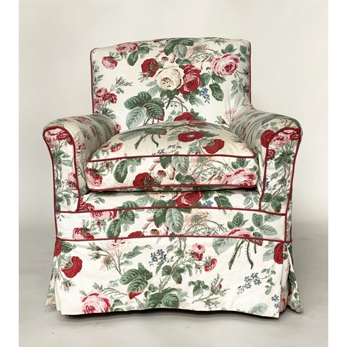 219 - ARMCHAIR, early 20th century Howard style with Colefax & Fowler summer rose chintz loose covers, 75c... 