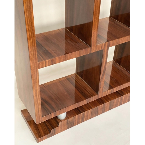 336 - OPEN BOOKCASE, Art Deco style figured walnut, with twelve open shelves on silvered bun supports and ... 