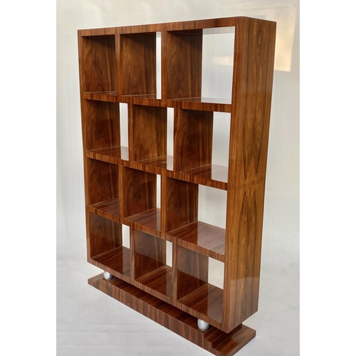 336 - OPEN BOOKCASE, Art Deco style figured walnut, with twelve open shelves on silvered bun supports and ... 