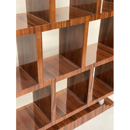 336 - OPEN BOOKCASE, Art Deco style figured walnut, with twelve open shelves on silvered bun supports and ... 