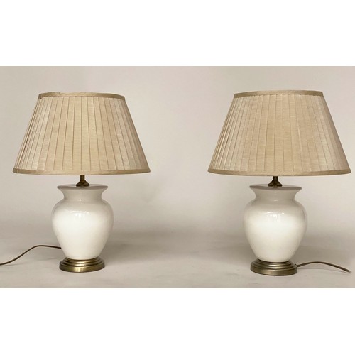 352 - MAISON TABLE LAMPS, a pair, cream crackelure ceramic vase form with pleated linen shades, 48cm H. (2... 