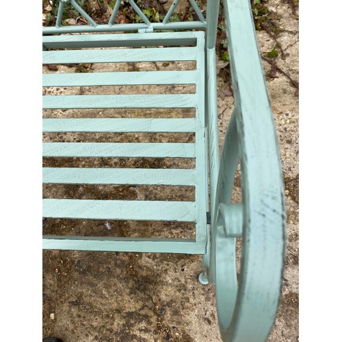 470 - GARDEN BENCH, Regency style, pistacchio green painted metal, 95cm x 105cm x 54cm.