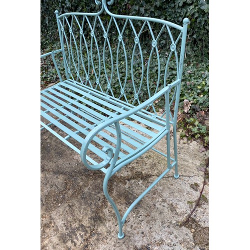 470 - GARDEN BENCH, Regency style, pistacchio green painted metal, 95cm x 105cm x 54cm.