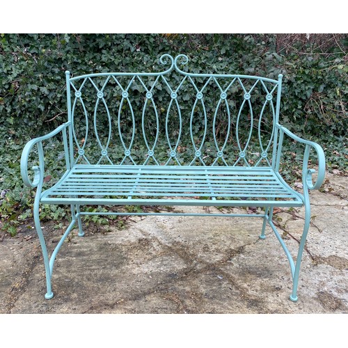 470 - GARDEN BENCH, Regency style, pistacchio green painted metal, 95cm x 105cm x 54cm.