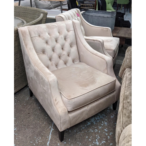 383 - ARMCHAIRS, a pair, button back umber fabric upholstered, 75cm x 85cm x 88cm. (2)