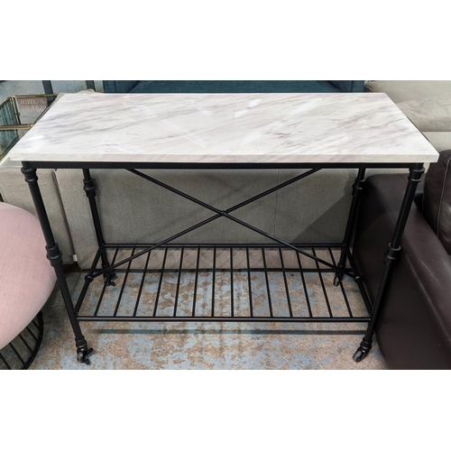 371 - PATISSERIE STYLE TABLE, marble effect top, black aluminium frame, on castors, rack to base, 87cm H x... 