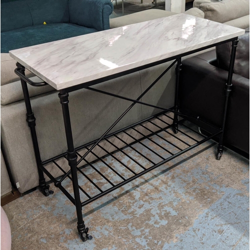 371 - PATISSERIE STYLE TABLE, marble effect top, black aluminium frame, on castors, rack to base, 87cm H x... 