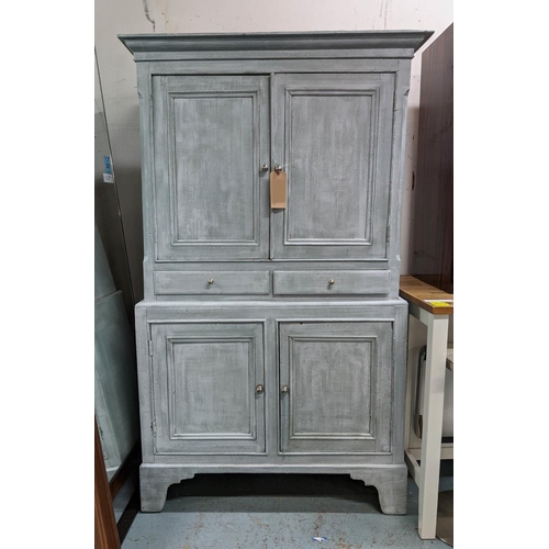 210 - CABINET, 107cm W x 186H x 46cm D, 19th century and later distressed blue painted in two parts with f... 