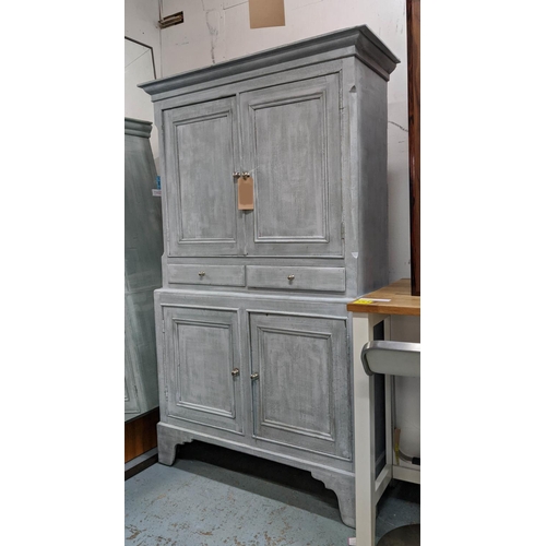 210 - CABINET, 107cm W x 186H x 46cm D, 19th century and later distressed blue painted in two parts with f... 