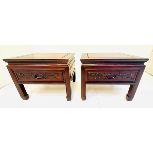 204 - LAMP TABLES, a pair, Chinese padoukwood, each with single drawer. (2)