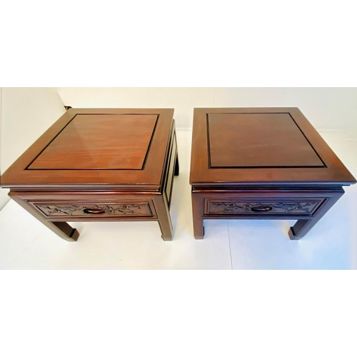 204 - LAMP TABLES, a pair, Chinese padoukwood, each with single drawer. (2)