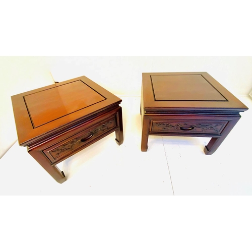 204 - LAMP TABLES, a pair, Chinese padoukwood, each with single drawer. (2)