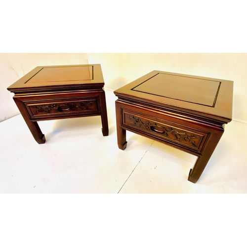 204 - LAMP TABLES, a pair, Chinese padoukwood, each with single drawer. (2)