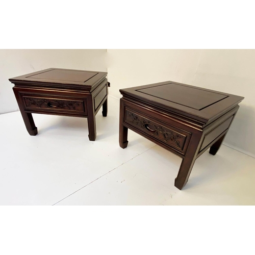 204 - LAMP TABLES, a pair, Chinese padoukwood, each with single drawer. (2)