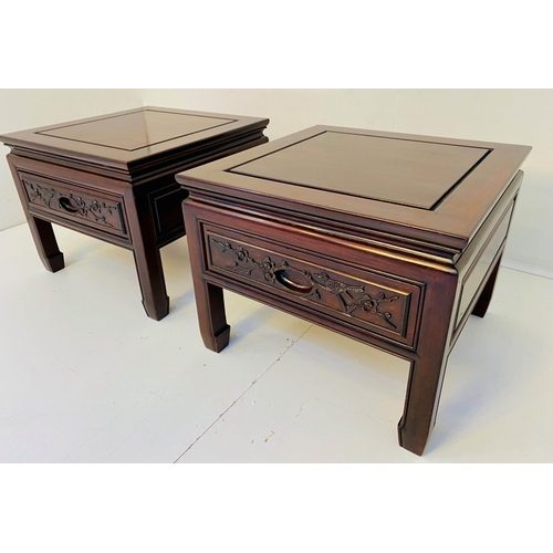 204 - LAMP TABLES, a pair, Chinese padoukwood, each with single drawer. (2)