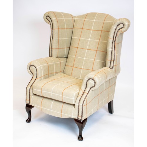 201 - WING ARMCHAIR, 106cm H x 95cm W, Georgian style in check material.