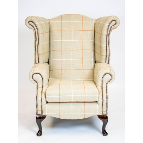 201 - WING ARMCHAIR, 106cm H x 95cm W, Georgian style in check material.