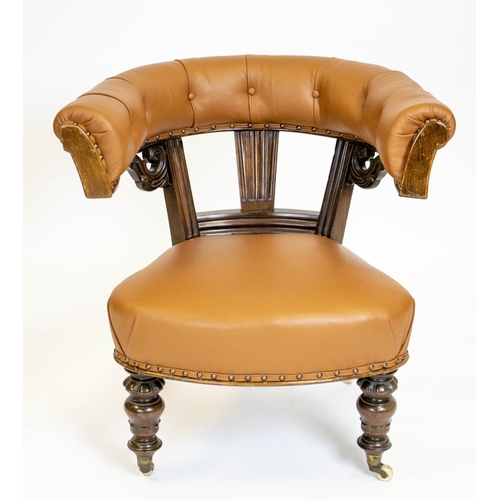 202 - LIBRARY OR COCKFIGHTING CHAIR, 76cm H x 74cm W, early Victorian mahogany newly upholstered in tan le... 