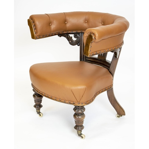 202 - LIBRARY OR COCKFIGHTING CHAIR, 76cm H x 74cm W, early Victorian mahogany newly upholstered in tan le... 