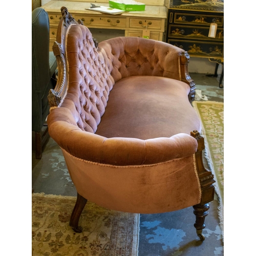 203 - SOFA, 99cm H x 192cm W, Victorian walnut, circa 1860, in dusky pink velvet.