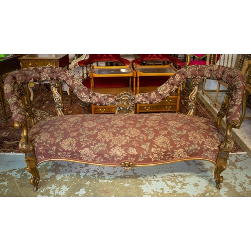 196 - SOFA, 81cm H x 193cm W, circa 1860, Victorian walnut in floral burgundy fabric on ceramic castors.