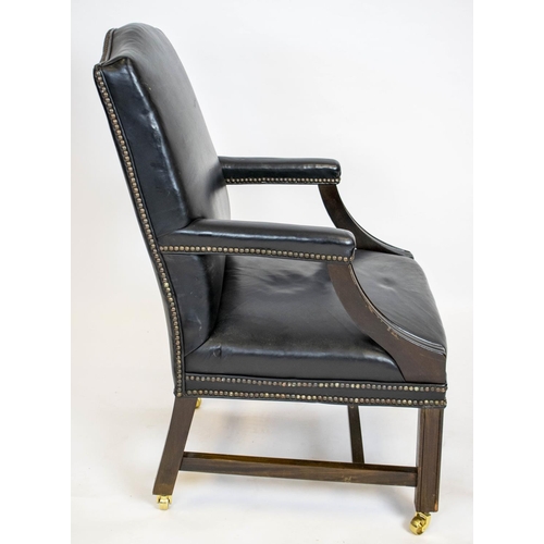 198 - GAINSBOROUGH ARMCHAIRS, a pair, 100cm H x 60cm, George III style in black leather with brass castors... 