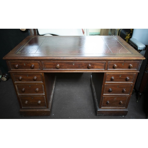 193 - PEDESTAL DESK, Victorian mahogany, with burgundy leather top above nine drawers, 75cm H x 122cm W x ... 