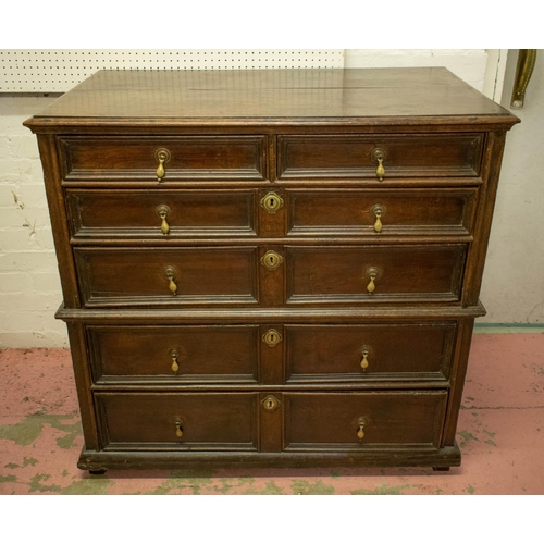 192 - CHEST, 96cm H x 101cm W x 59cm D, William and Mary oak, circa 1700, in two parts with six drawers.