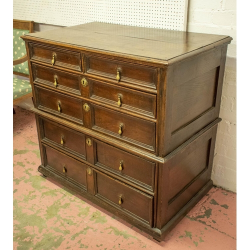 192 - CHEST, 96cm H x 101cm W x 59cm D, William and Mary oak, circa 1700, in two parts with six drawers.