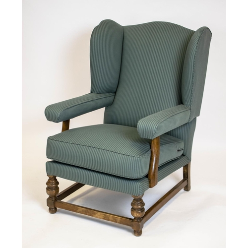 190 - WING ARMCHAIR, 97cm H x 64cm W, early 18th century style beechwood in blue striped fabric.