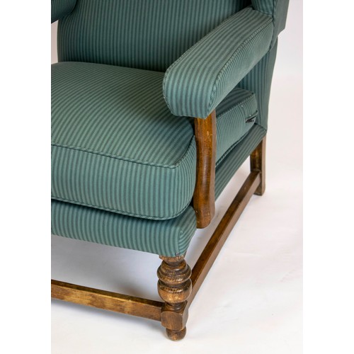 190 - WING ARMCHAIR, 97cm H x 64cm W, early 18th century style beechwood in blue striped fabric.