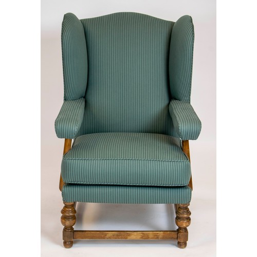 190 - WING ARMCHAIR, 97cm H x 64cm W, early 18th century style beechwood in blue striped fabric.