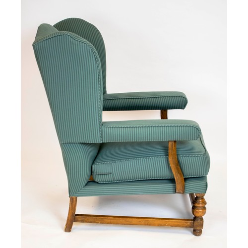 190 - WING ARMCHAIR, 97cm H x 64cm W, early 18th century style beechwood in blue striped fabric.