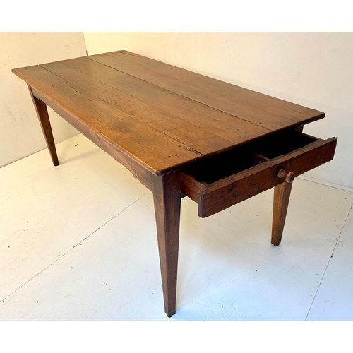 384 - FARMHOUSE KITCHEN TABLE, 77cm x 186cm x 87cm, 19th century French cherrywood with single drawer to o... 